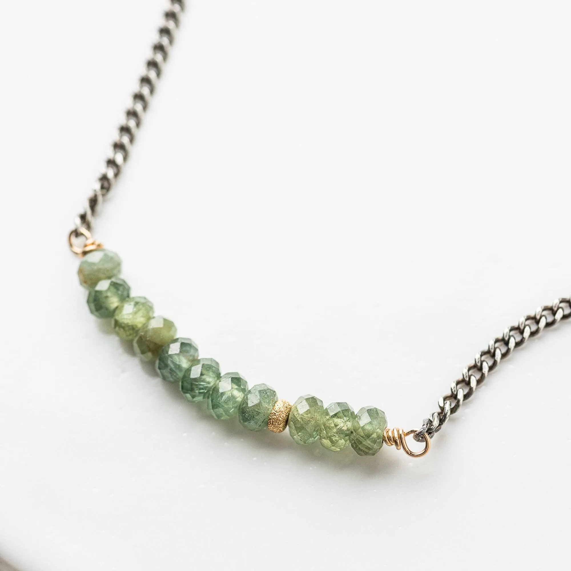 Green Apatite Arch Necklace on Sterling Silver Curb Chain and Ring Clasp