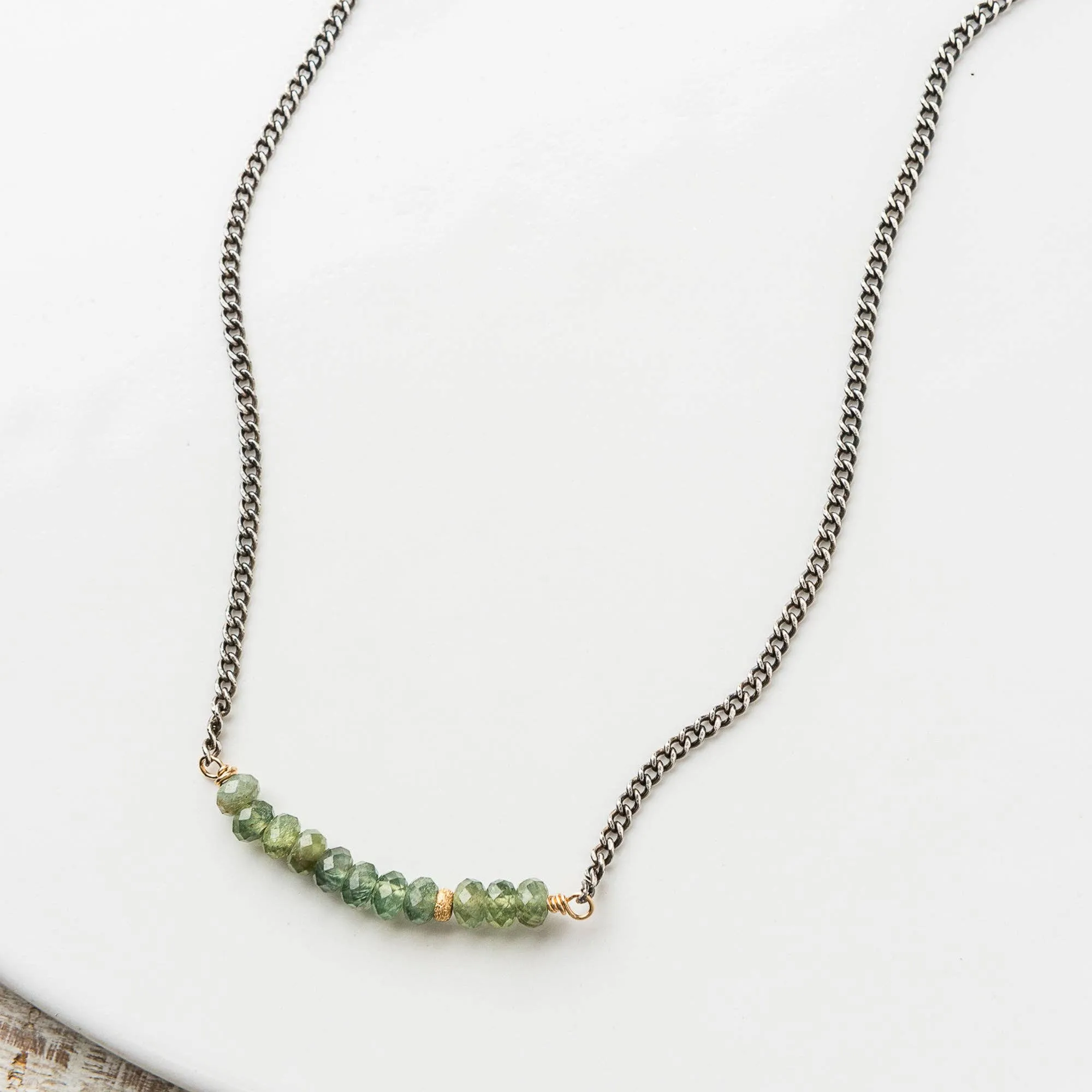 Green Apatite Arch Necklace on Sterling Silver Curb Chain and Ring Clasp