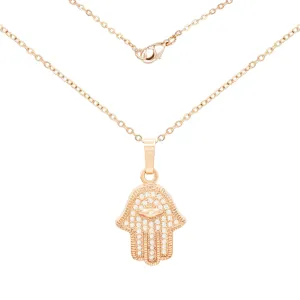 Hamsa Hand Of Fatima Cubic Zirconia Pendant 18K Gold Filled Rolo Chain Necklace Set CZ Charm Fashion Jewelry Gift Women Men 2.2 mm 18”