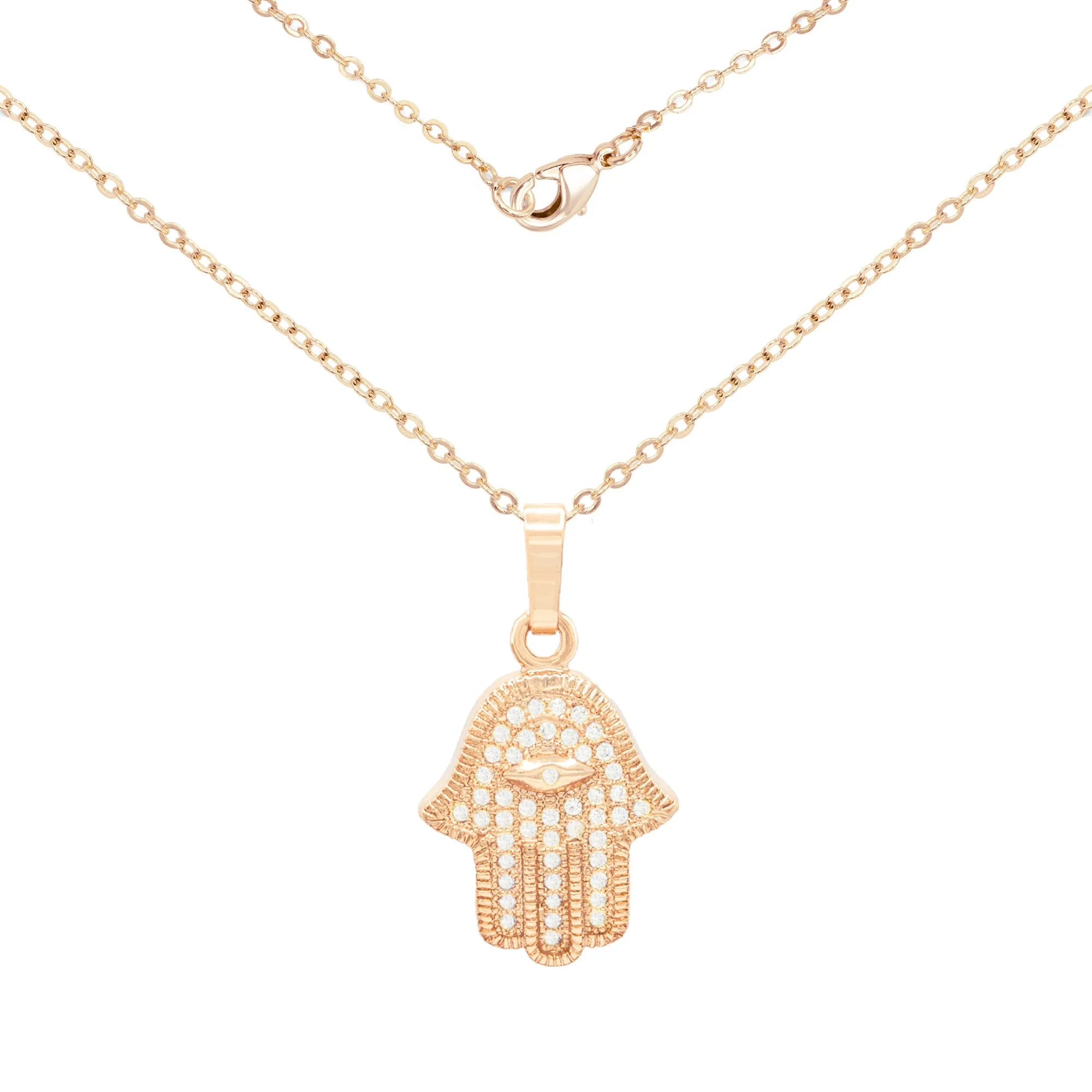 Hamsa Hand Of Fatima Cubic Zirconia Pendant 18K Gold Filled Rolo Chain Necklace Set CZ Charm Fashion Jewelry Gift Women Men 2.2 mm 18”