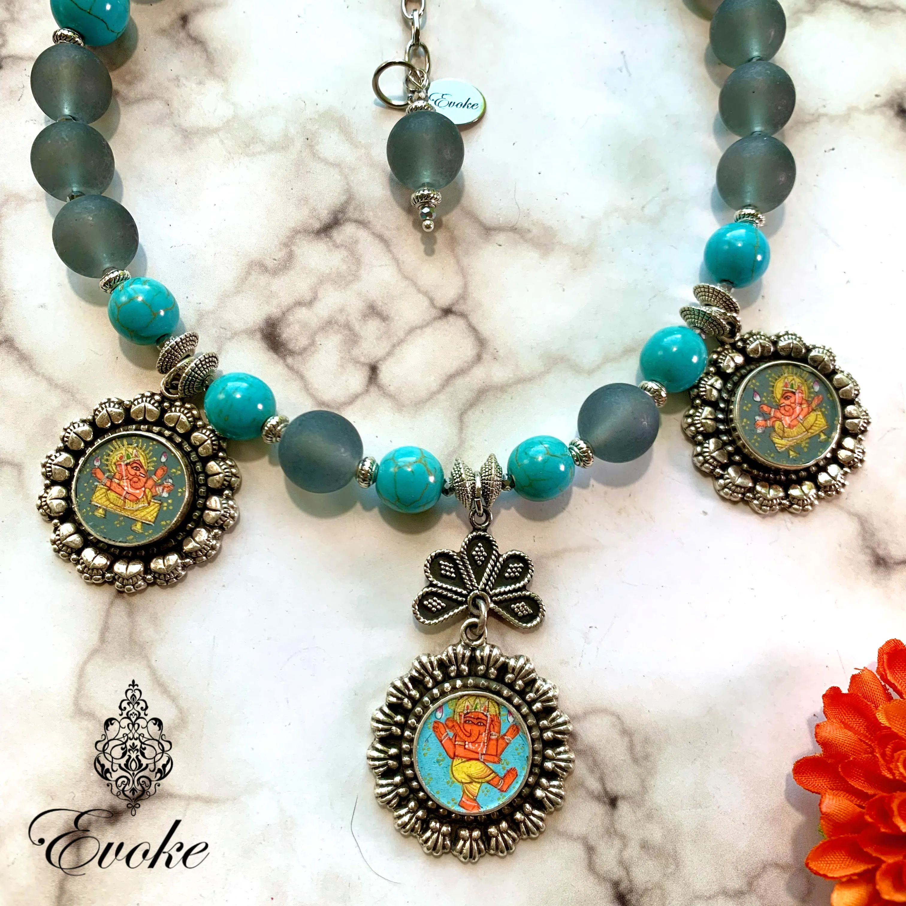 Hand-painted Miniature Ganesha Pendants with Turquoise and Gray Glass Beads