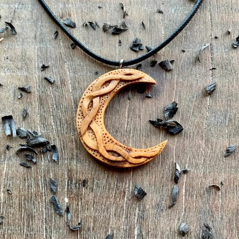 Handcarved Unique Olive Wood Celtic Moon Pendant