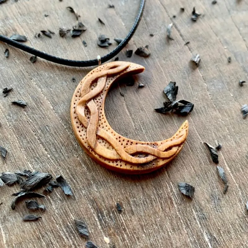 Handcarved Unique Olive Wood Celtic Moon Pendant