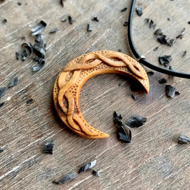 Handcarved Unique Olive Wood Celtic Moon Pendant