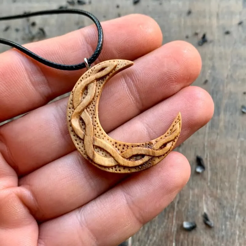 Handcarved Unique Olive Wood Celtic Moon Pendant