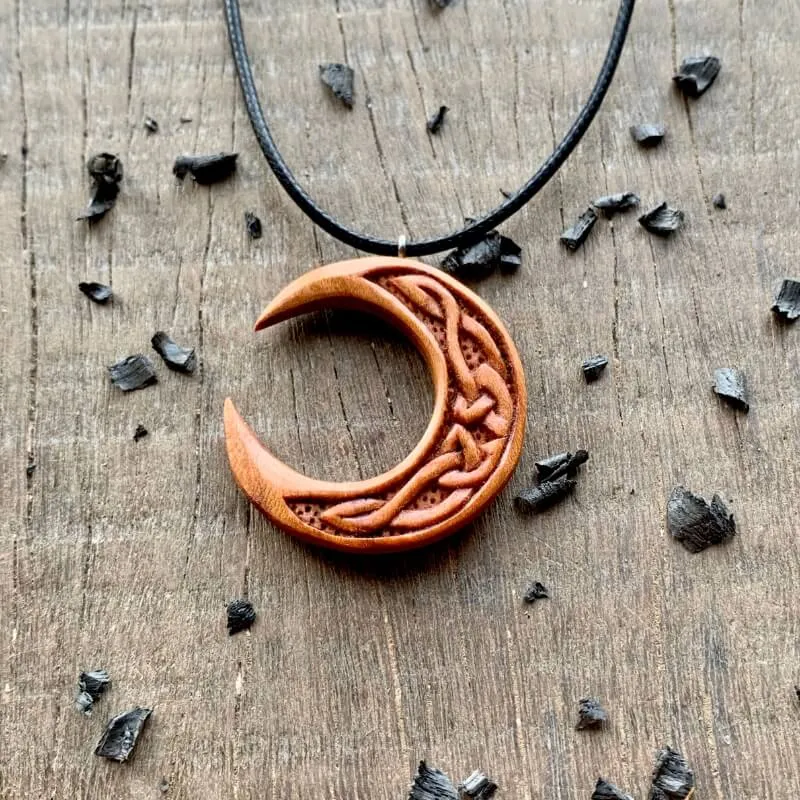 Handcarved Unique Plum Wood Celtic Moon Pendant
