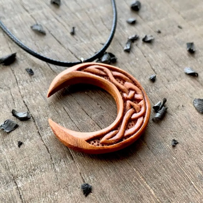 Handcarved Unique Plum Wood Celtic Moon Pendant