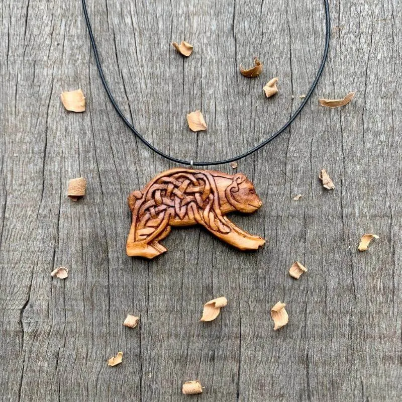 Handcarved Unique Plum Wood Viking Bear Pendant