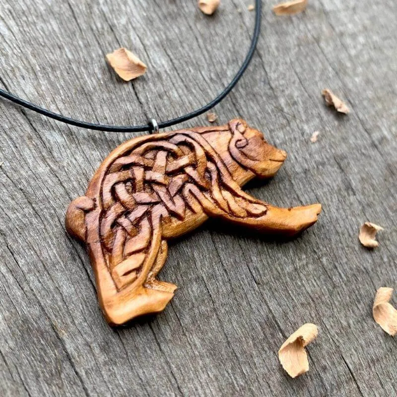 Handcarved Unique Plum Wood Viking Bear Pendant