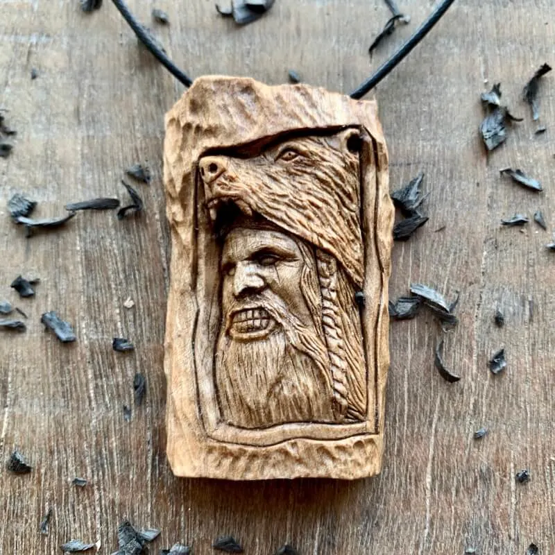 Handcarved Unique Walnut Wood Berserker Pendant