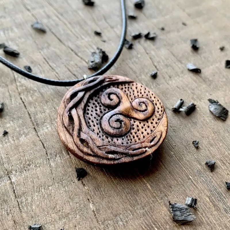 Handcarved Unique Walnut Wood Celtic Sun And Moon Triskelion Pendant