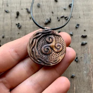 Handcarved Unique Walnut Wood Celtic Sun And Moon Triskelion Pendant