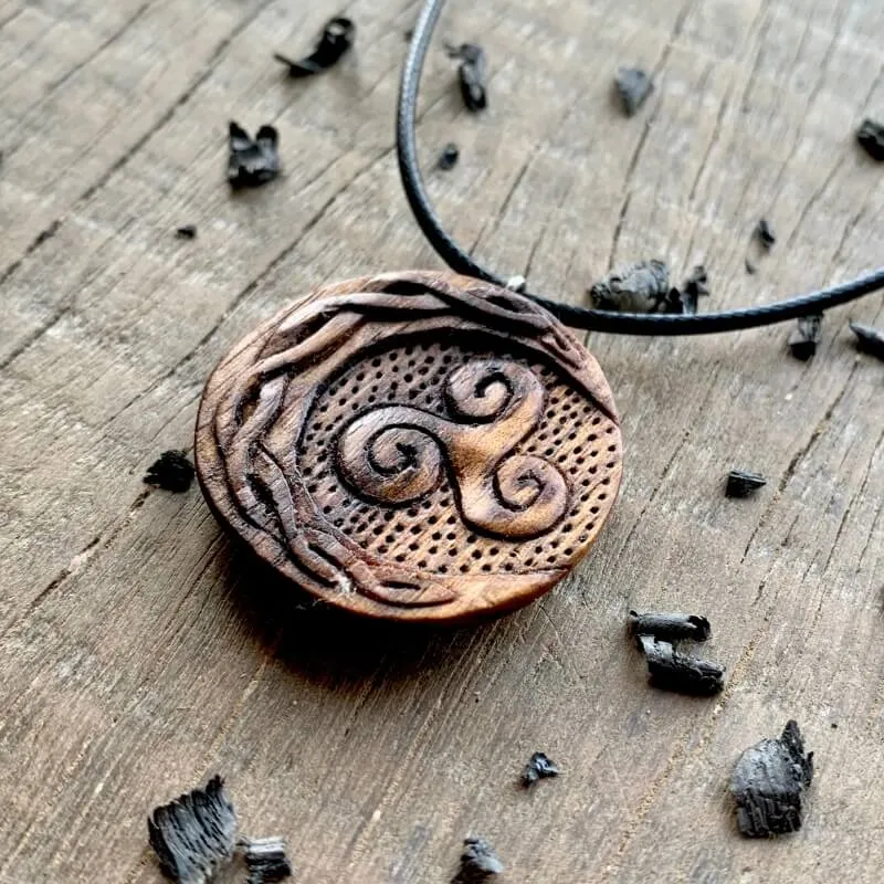 Handcarved Unique Walnut Wood Celtic Sun And Moon Triskelion Pendant