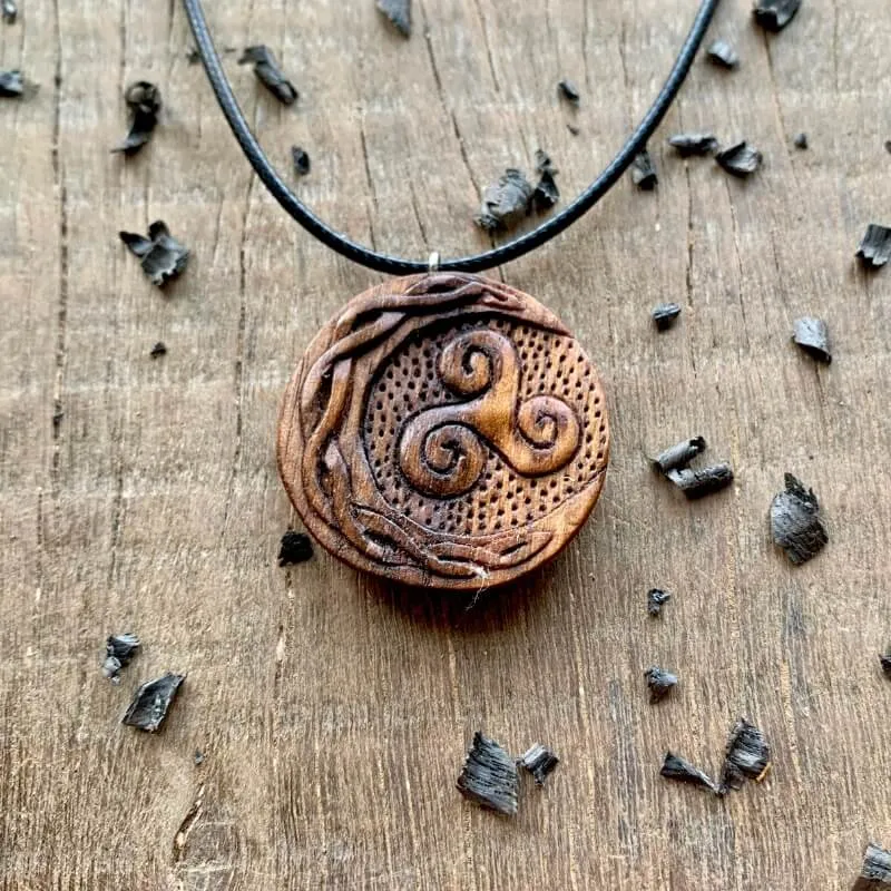 Handcarved Unique Walnut Wood Celtic Sun And Moon Triskelion Pendant