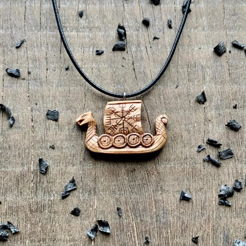 Handcarved Unique Walnut Wood Drakkar Vegvisir Pendant