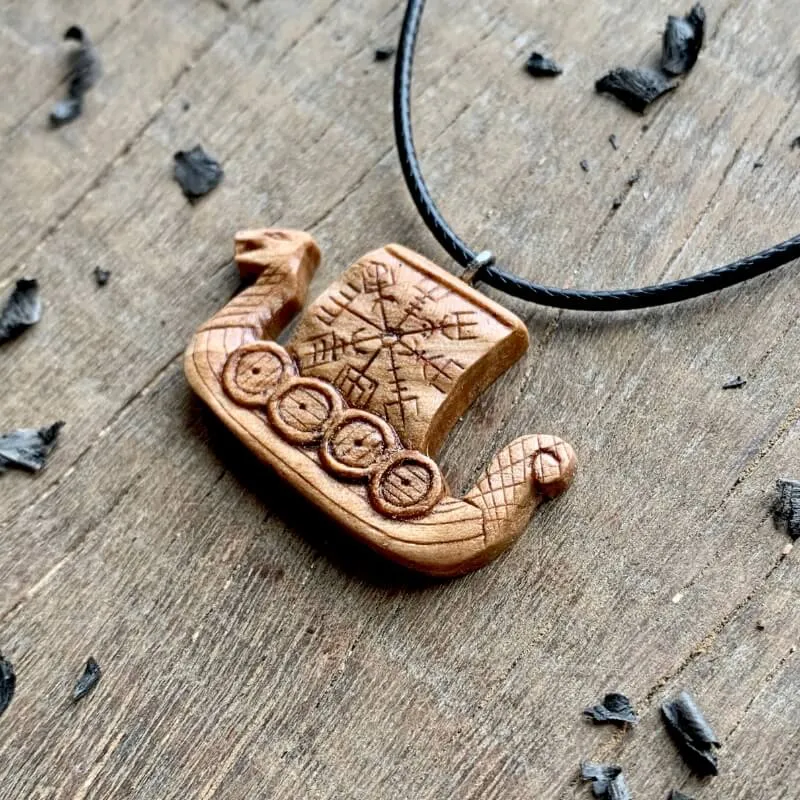 Handcarved Unique Walnut Wood Drakkar Vegvisir Pendant