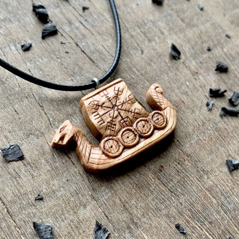 Handcarved Unique Walnut Wood Drakkar Vegvisir Pendant