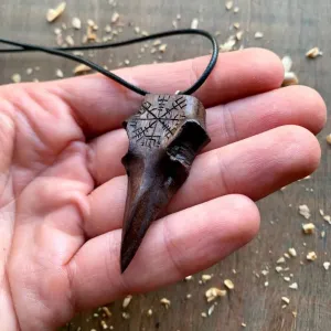 Handcarved Unique Walnut Wood Raven Skull Vegvisir Pendant