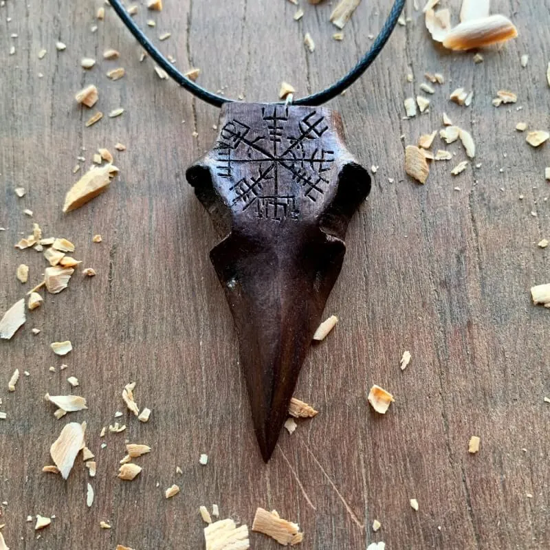 Handcarved Unique Walnut Wood Raven Skull Vegvisir Pendant