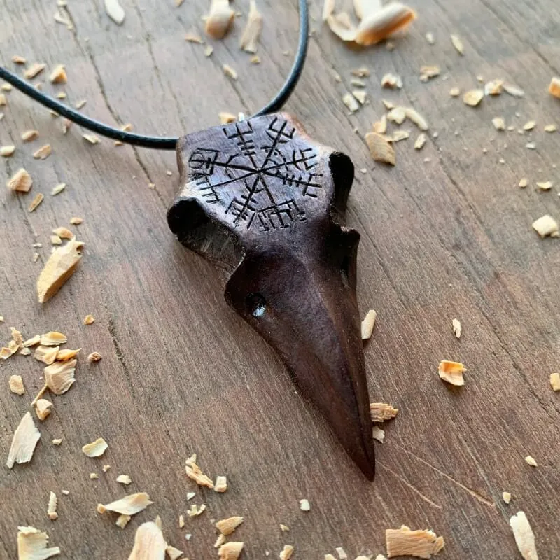 Handcarved Unique Walnut Wood Raven Skull Vegvisir Pendant