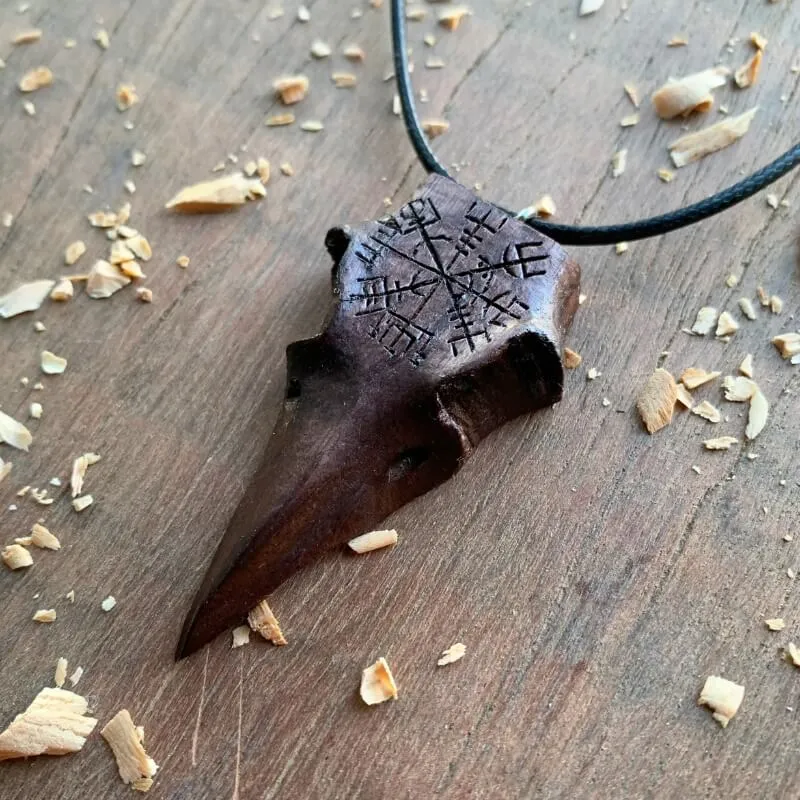 Handcarved Unique Walnut Wood Raven Skull Vegvisir Pendant