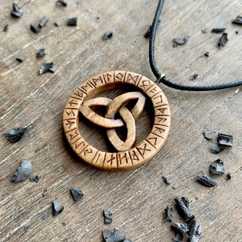 Handcarved Unique Walnut Wood Triquetra and Runes Pendant