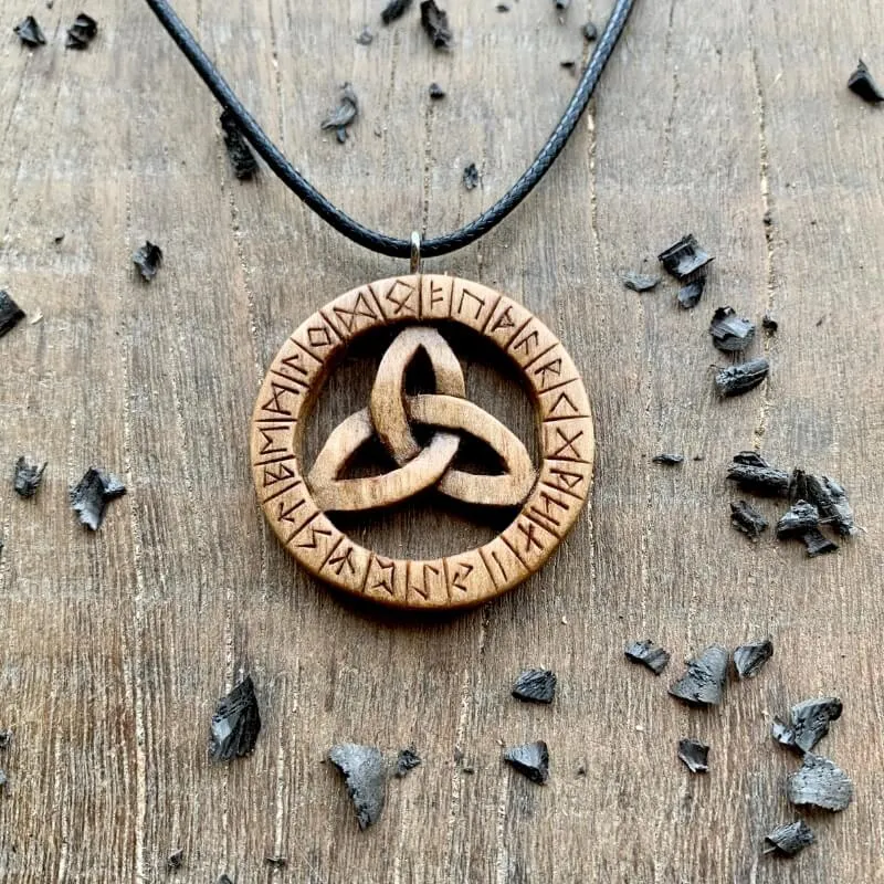 Handcarved Unique Walnut Wood Triquetra and Runes Pendant