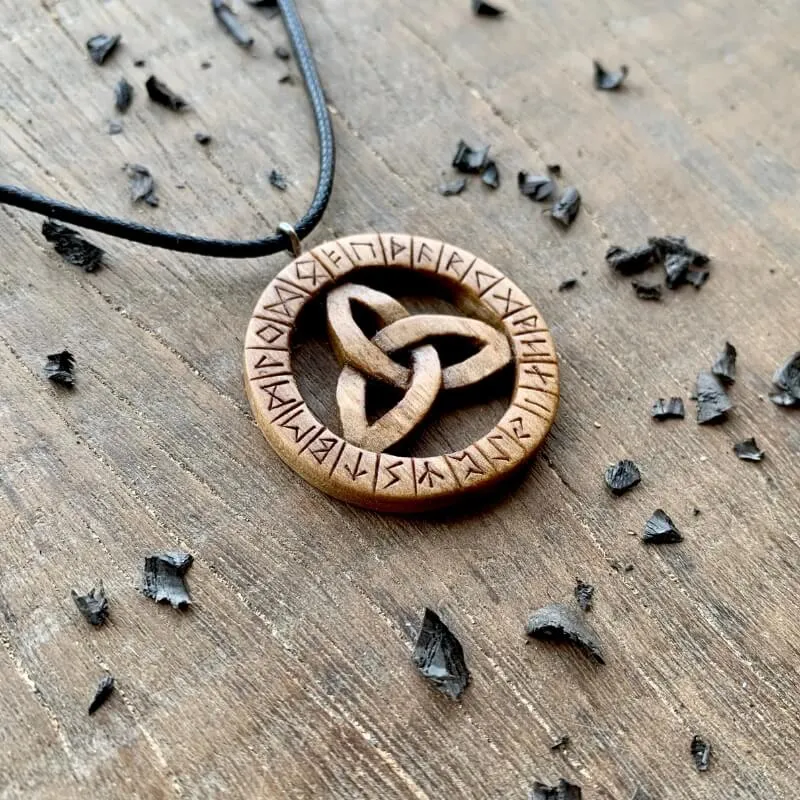 Handcarved Unique Walnut Wood Triquetra and Runes Pendant