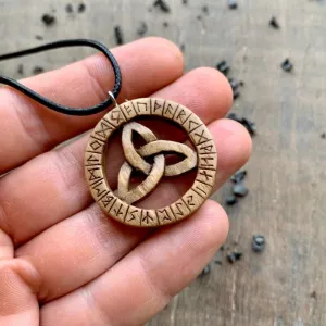 Handcarved Unique Walnut Wood Triquetra and Runes Pendant