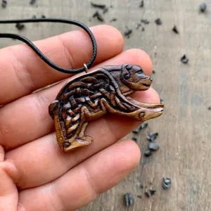 Handcarved Unique Walnut Wood Viking Bear Pendant Style 2