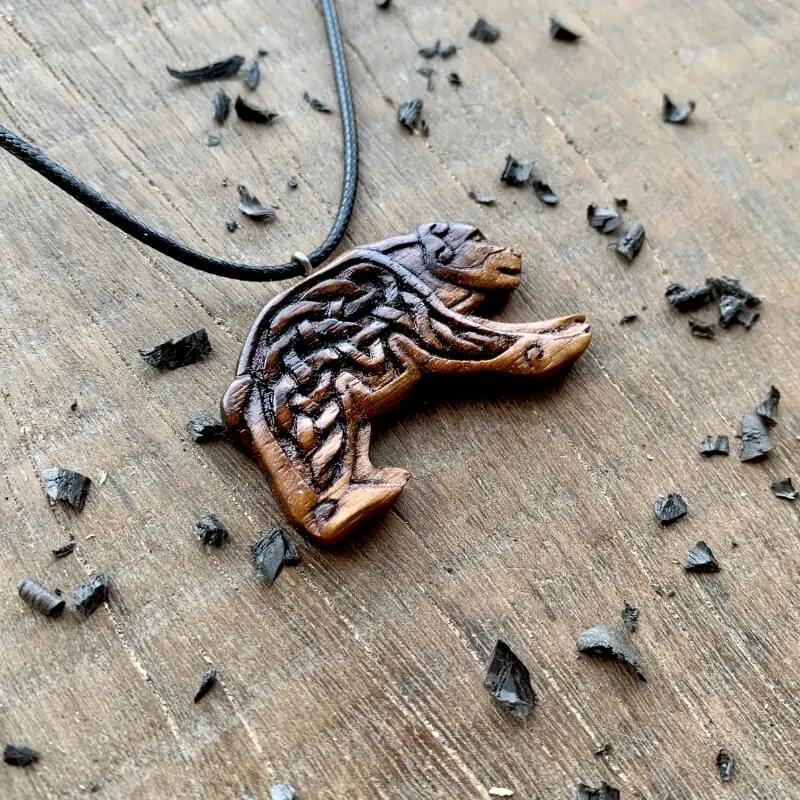 Handcarved Unique Walnut Wood Viking Bear Pendant Style 2