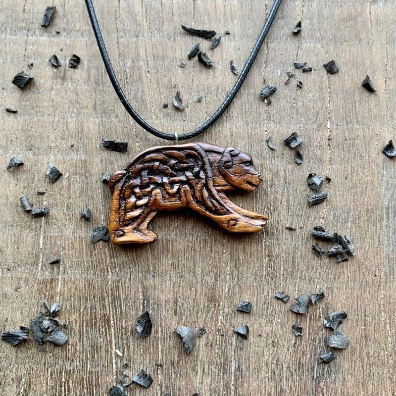 Handcarved Unique Walnut Wood Viking Bear Pendant Style 2
