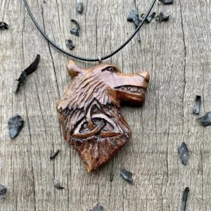 Handcarved Unique Walnut Wood Wolf Head and Triquetra Pendant