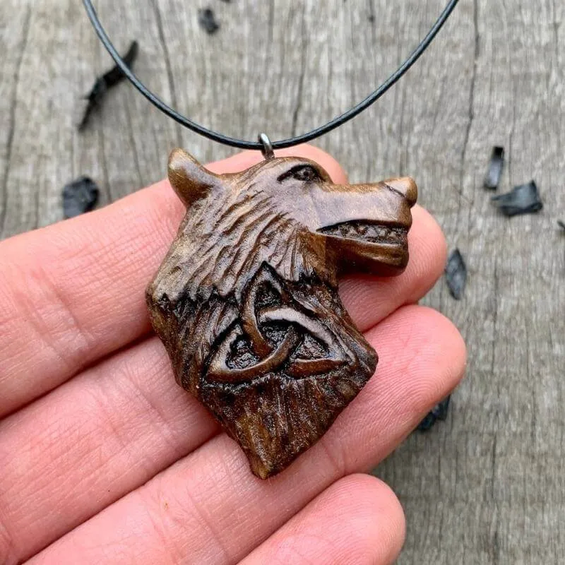 Handcarved Unique Walnut Wood Wolf Head and Triquetra Pendant