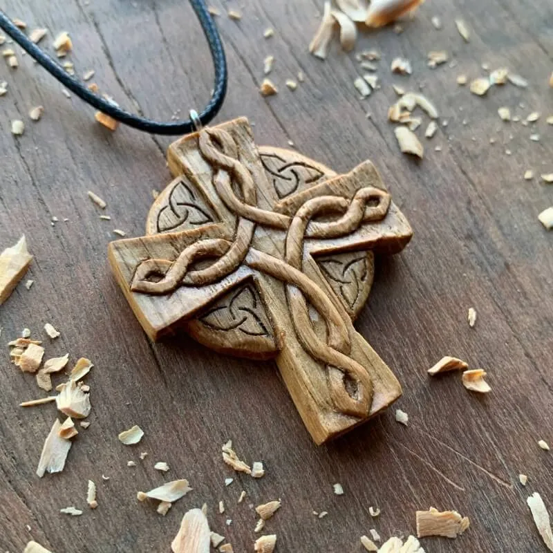 Handcarved Unique Wood Celtic Knots Cross Triquetra Pendant Style 1