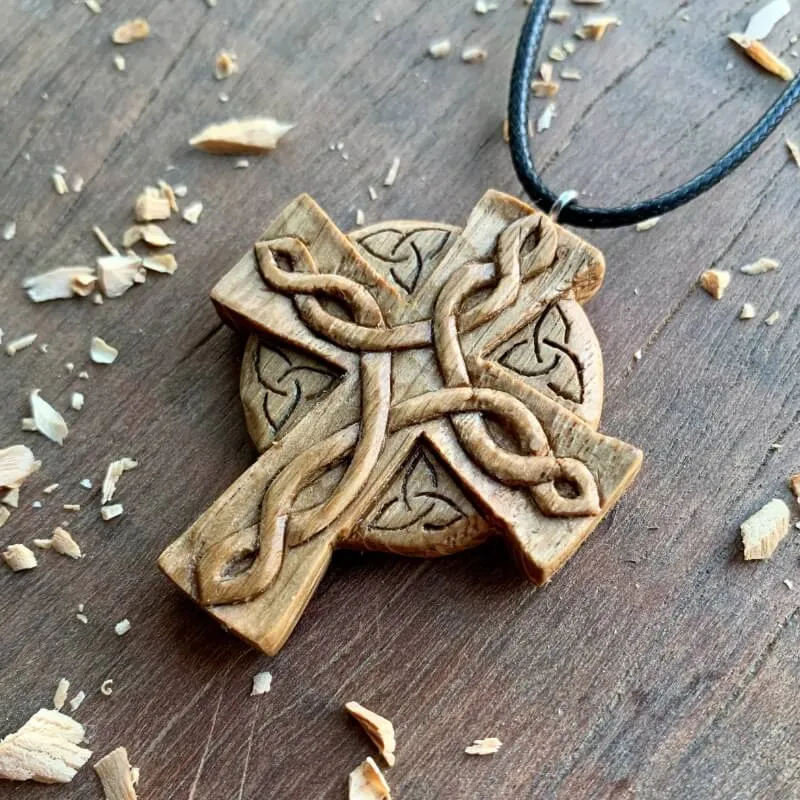 Handcarved Unique Wood Celtic Knots Cross Triquetra Pendant Style 1