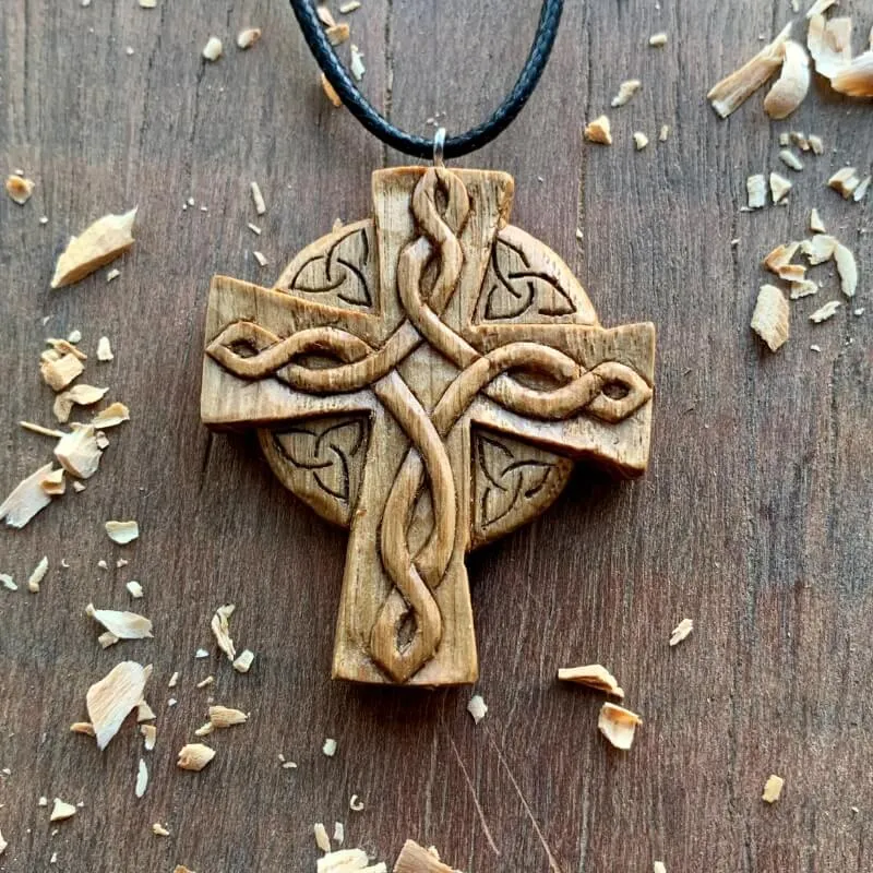 Handcarved Unique Wood Celtic Knots Cross Triquetra Pendant Style 1