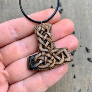 Handcarved Unique Wood Uroboro Mjolnir Pendant