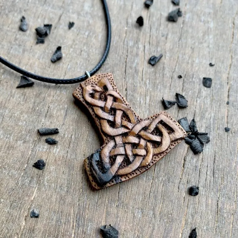 Handcarved Unique Wood Uroboro Mjolnir Pendant