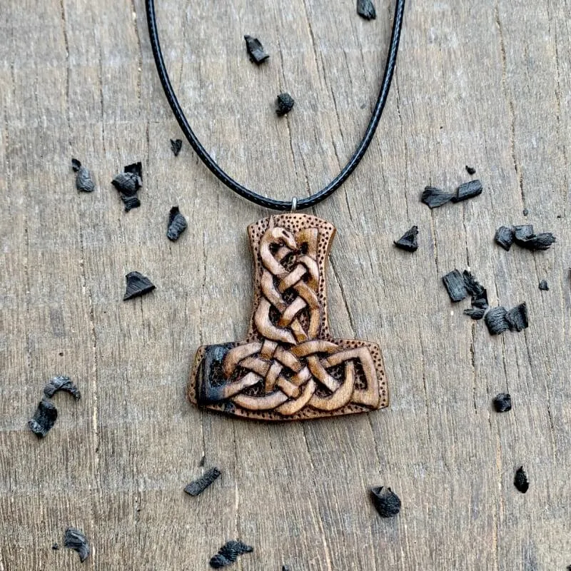 Handcarved Unique Wood Uroboro Mjolnir Pendant