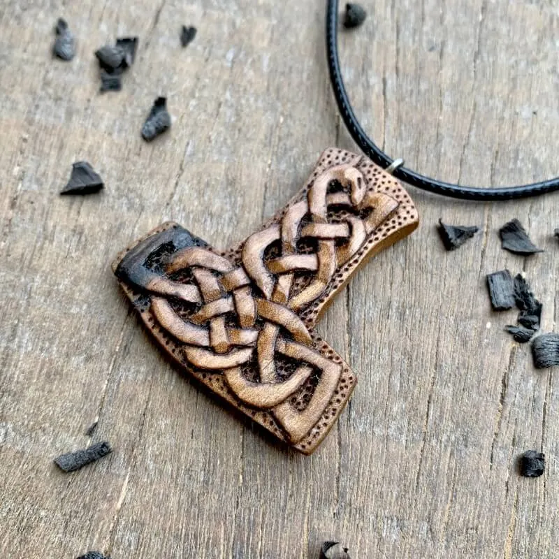 Handcarved Unique Wood Uroboro Mjolnir Pendant