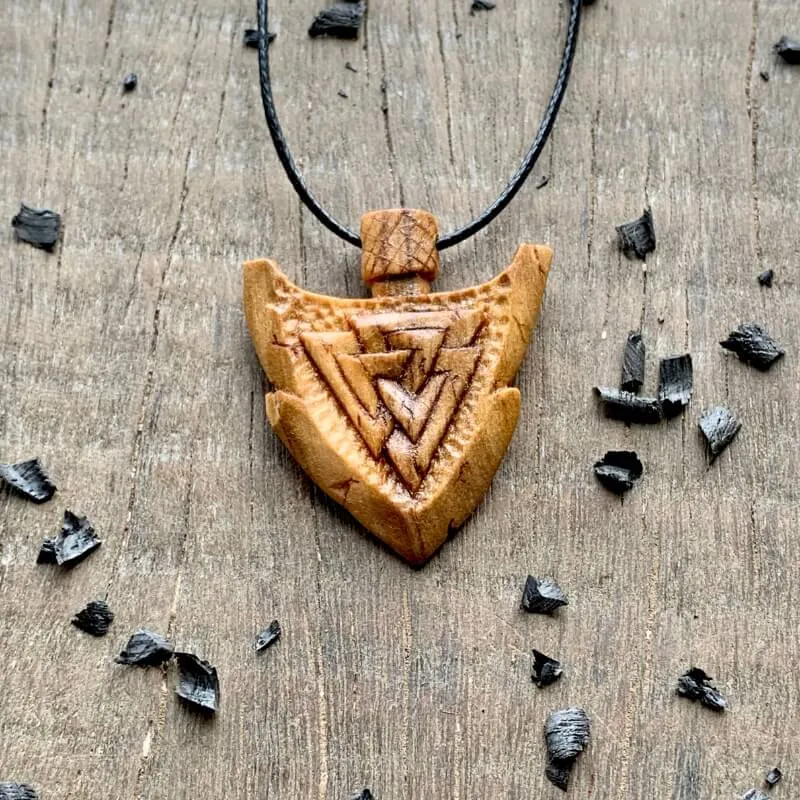 Handcarved Unique Wood Viking Spear Valknut Pendant