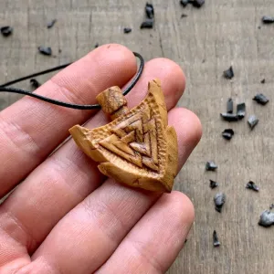 Handcarved Unique Wood Viking Spear Valknut Pendant