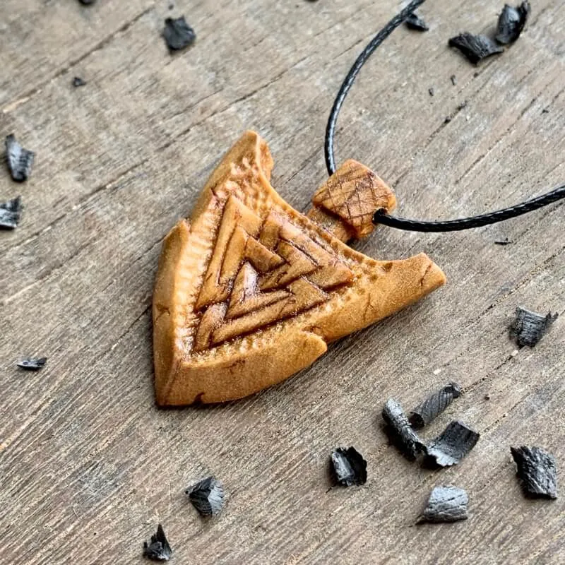 Handcarved Unique Wood Viking Spear Valknut Pendant