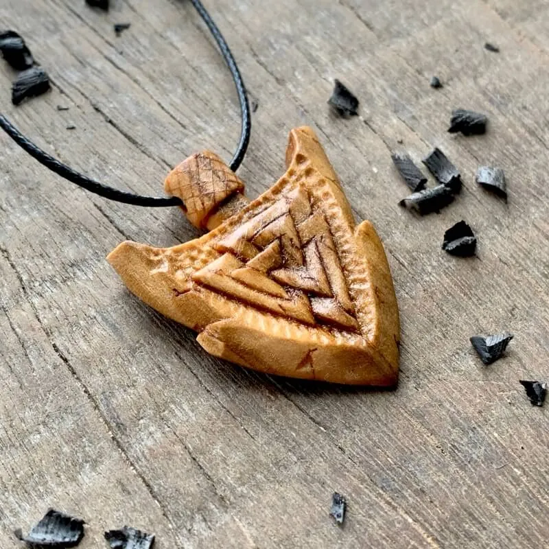 Handcarved Unique Wood Viking Spear Valknut Pendant