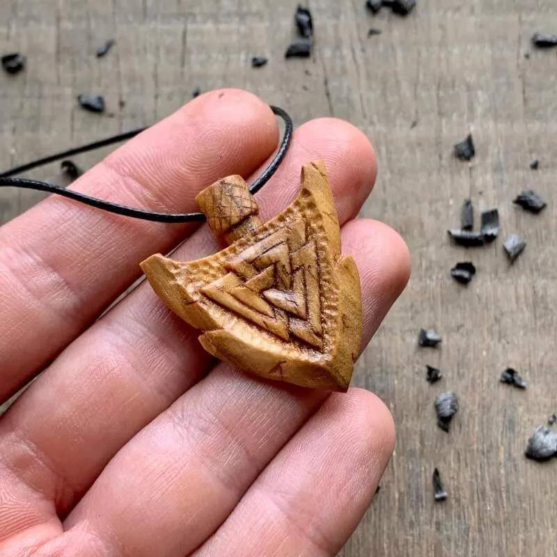 Handcarved Unique Wood Viking Spear Valknut Pendant