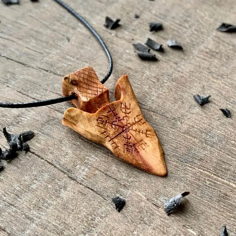 Handcarved Unique Wood Viking Spear Vegvisir Pendant