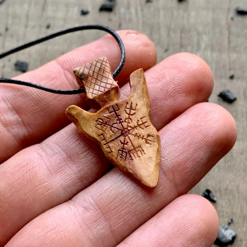 Handcarved Unique Wood Viking Spear Vegvisir Pendant