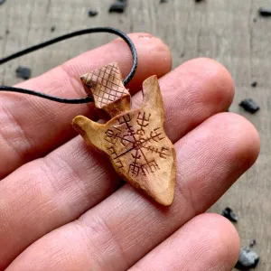 Handcarved Unique Wood Viking Spear Vegvisir Pendant