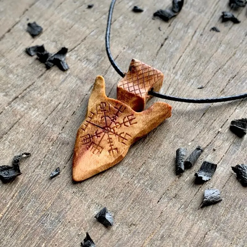 Handcarved Unique Wood Viking Spear Vegvisir Pendant